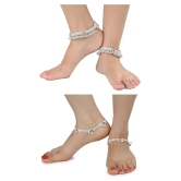 AanyaCentric Combo of 2 Pair Silver Plated White Metal Indian Traditional Ethnic Payal Anklets - Silver