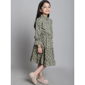 MINI & MING Girls Floral Print Mock Neck Bell Sleeves Crepe Fit & Flare Midi Dress