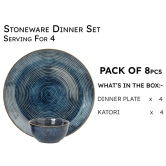 Handcrafted Stoneware Reactive Glaze Ceramic Dinner Set, 8 Pieces Serving for 4, Microwave and Dishwasher Safe, Bone-ash Free, Crockery Set for Dining and Gifting, Reactive Blue