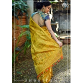 Exquisite Tanchoi Floral Banarasi Saree in Pure Silk Satin in Pale Mustard | SILK MARK CERTIFIED