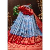 Blue and White Base Ikkat Optical Illusion Design Patola with Kanjivaram Pure Silk Fusion Saree and contrast Red Border | SILK MARK CERTIFIED