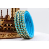 Blue Glass Bangle Set with Gold Accents