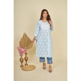 Cotton Chikankari Linen kurti- Blue-Blue / XXL