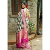 Pure Katan Silk Banarasi Saree in Black and White Checks with Contrasting Pink Borders  | SILK MARK CERTIFIED