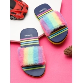 ONYC Kids Slippers for Girls, Premium Rainbow Fur Sliders, Navy Blue