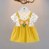 Sunflower Applique Girls Half Sleeves Dress-Yellow / 1-2 years