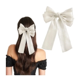 LYKAA Big Satin Layered Hair Bows Long Tail Ribbon Barrettes Clip for Women - Pack of 1 (White) - White