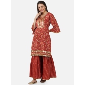 Women Floral Printed Sequinned Bell Sleeve Pure Cotton Kurta with Sharara