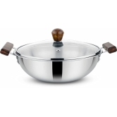 Prabha Stainless Steel Tri-Ply Prochef Kadhai with Lid Wooden Handle, 22cm 2.2L, Induction & Gas Stove, Durable for Long Term and Non Toxic Kadhai Base Heat Dispersion, 5 Year Warranty