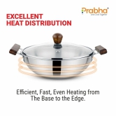 Prabha Stainless Steel Tri-Ply Prochef Kadhai with Lid Wooden Handle, 22cm 2.2L, Induction & Gas Stove, Durable for Long Term and Non Toxic Kadhai Base Heat Dispersion, 5 Year Warranty