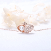 Sea Shell Pearl Pendant With Chain Studded With Cubic Zircona American Diamonds - Rose Gold