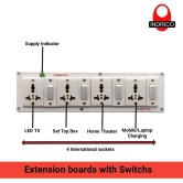 INDRICO? 3060 E-Book 4 + 4 Power Strip Extension Boards with Individual Switch, Indicator, & 4 International sockets White (Pack of 1) Polycarbonate White
