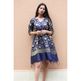 Navy Blue Gold Banarasi Silk Kaftan Dress-M