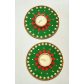 Exquisite Handcrafted Green and Red Pearl Diya Set