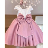 Girls Peach And White Silk Applique Party Dress-9-12 Month