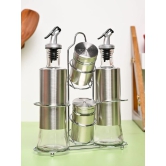 VON CASA Condiment Set Salt & Pepper with 2 Oil Dispenser Set with Stand - Stainless Steel Glossy Finish