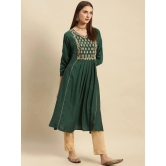 Rangita Women Viscose Blend Green Yoke Embroidered Calf Length Partywear Flared Kurti - None