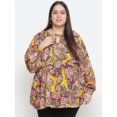 Oxolloxo Mustard Yellow Ethnic Print Tie-Up Neck Crepe Empire Plus Size Top