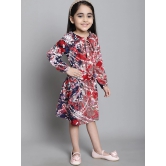 MINI & MING Girls Floral Print Tie-Up Neck Puff Sleeve Crepe Fit & Flare Dress