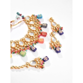 Gold Plated Kundan Beaded Necklace, Earrings and Maang Tikka Set