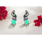 Oxidized Silver Peacock Earrings with Ocean Green Stones and Pearls