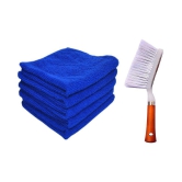 INGENS Combo of Car and Carpet Cleaning Brush and Microfiber Cleaning Cloths,40x40cms 250GSM Highly Absorbent, Lint and Streak Free,Wash Cloth for Car, Window Blue(Pack of 5 Cloth and 1 Brus