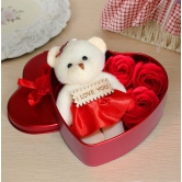 Teddy and Roses(3 Pieces Roses 1 Small Bear Doll)/ Heart Shaped Gift Tin Box containing Teddy and Roses with Love Message/Heart Shape Tin Box ( Red / Pink )