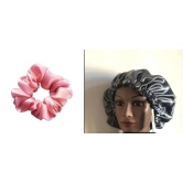 Satin Hair Bonnet with Ribbon, Prolixrs Pink Scrunchies Pack of 3, Hair Care Set by Bollywood Stylist Savio John Pereira-Satin Hair Bonnet & Prolixr Pink Scrunchies Pack | Hair Care Set for Soft,