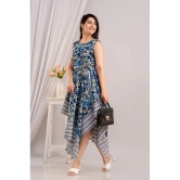 Frionkandy Cotton Printed Ankle Length Womens Asymmetric Dress - Blue ( Pack of 1 ) - None