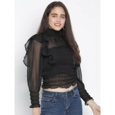 Oxolloxo Black Bishop Sleeves Ruffles Cinched Waist Top