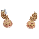 Exquisite Goddess Lakshmi Antique Gold Plated Jhumka Earrings with Pink Stones and Pearls