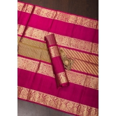 Moss Green Pure Silk Kanjivaram Saree with zari stripes and contrast rettaipet border | SILK MARK CERTIFIED