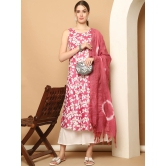 Printed pink flowers flared kurta pallazos dupatta set-XXL / Pink