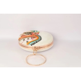 Embellished Cream With Multi Color Round Shape Hand Clutch Cum Sling Hanging Bag