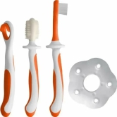 Luvlap Baby Training Toothbrush Set With Anti Choking Shield Teeth Tongue Cleaner 3 Pc(White/Orange)