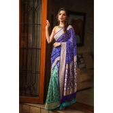 Blue and Turquoise blue Half and Half Exquisite Bandhni Saree with Jaal zari and Sarkam Bandhej | SILK MARK CERTIFIED