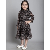 MINI & MING Girls Animal Print Mock Neck Bell Sleeves Georgette Fit & Flare Midi Dress