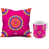 Indigifts Deepavali Decoration Colorful Mandala Print Pink Cushion Cover 12x12 with Filler & Mug - Diwali Gift Items, Diwali Decoration Items, Deepavali Festival, Dipawli Gifts, Deepawali Greetings