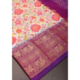 Exquisite Pochampally Ikkat Kanjivaram Pure Silk Digital Print saree in Beige and Purple with Zari Border  I SILK MARK CERTIFIED