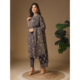 Rangita Women Cotton Navy Blue Floral Printed Calf Length Straight Kurti With Pants With Dupatta - None