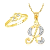 Vighnaharta Dual Heart Ring with Initial R Letter Pendant Gold Plated Jewellery Combo - 10