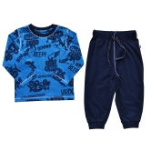 Blue Allover Car Printed T-Shirt + Navy Long Pant Set (100% Cotton Jersey)