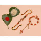 Abhaah Bhaiya bhabhi couple orange pearl Rakhi combo set