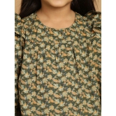 MINI & MING Girls Floral Printed Round Neck Puff Sleeves Pleated Blouson Top