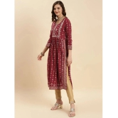 Rangita Women Rayon Maroon Yoke Embroidered Calf Length Nayra Style Kurti - None