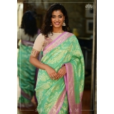 Exquisite Tussar Georgette Silk Saree in Sea Green and Lilac with Silver Paisley Jaal | SILK MARK CERTIFIED