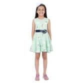 Kids Cave Dress For Girls Fit And Flare Round Neck Knee Length Navy Blue Satin Waist Belt With Flower Fabric Rayon (Color Light Green Size 3-12 Years) - None