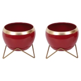 Apple Shape Metal Red & Gold Planter (Set of 2)-Red & Gold