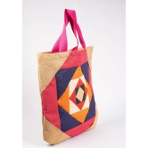 Handmade Patchwork Jute Tote Bag with Pink Handles