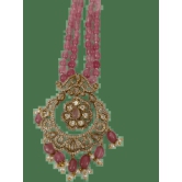 Pink Beaded Necklace with Gold and Diamond Pendant